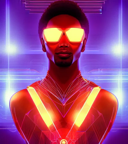 Image similar to symmetry!! egyptian prince of technology, solid cube of light, hard edges, product render retro - futuristic poster scifi, lasers and neon circuits, brown skin man egyptian prince, intricate, elegant, highly detailed, digital painting, artstation, concept art, smooth, sharp focus, illustration, dreamlike, art by artgerm