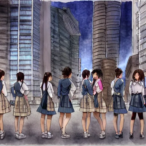 Image similar to a perfect, realistic professional digital sketch of a Japanese schoolgirls posing in a sci-fi cityscape, style of Marvel, full length, by pen and watercolor, by a professional American senior artist on ArtStation, a high-quality hollywood-style sketch, on high-quality paper