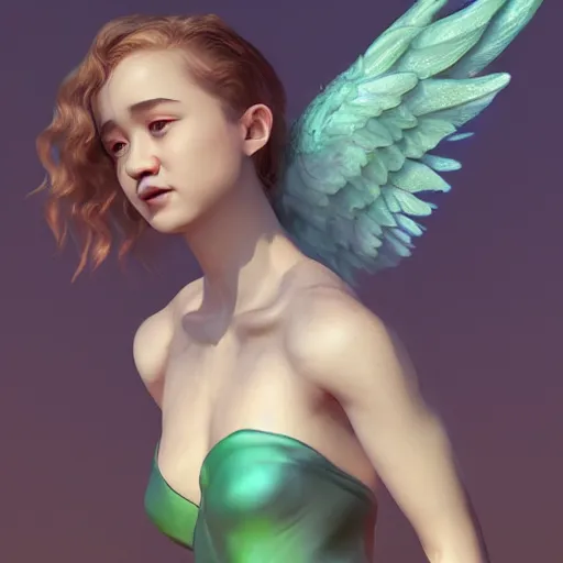 Image similar to julia garner starring as a green winged angel with dark hair, made by stanley artgerm lau, wlop, rossdraws, artstation, cgsociety, concept art, cgsociety, octane render, trending on artstation, artstationhd, artstationhq, unreal engine, 4 k, 8 k