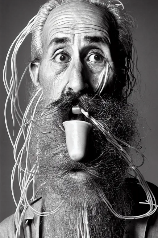 Image similar to extremely detailed portrait of old italian cook, spaghetti mustache, slurping spaghetti, spaghetti in the nostrils, spaghetti hair, spaghetti beard, huge surprised eyes, shocked expression, scarf made from spaghetti, full frame, award winning photo by herb ritts