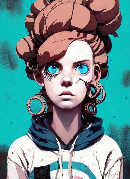 Image similar to highly detailed portrait of a sewer punk lady, blue eyes, tartan hoody, ringlet hair by atey ghailan, by greg rutkowski, by greg tocchini, by james gilleard, by joe fenton, by kaethe butcher, gradient pink, brown, light blue and white color scheme, grunge aesthetic!!! ( ( graffiti tag wall background ) )