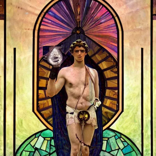 Image similar to a dramatic ethereal epic symmetrical painting of a handsome augustus caesar | tarot card, art deco, art nouveau, steampunk, realistic | by louis comfort tiffany and alphonse mucha | trending on artstation