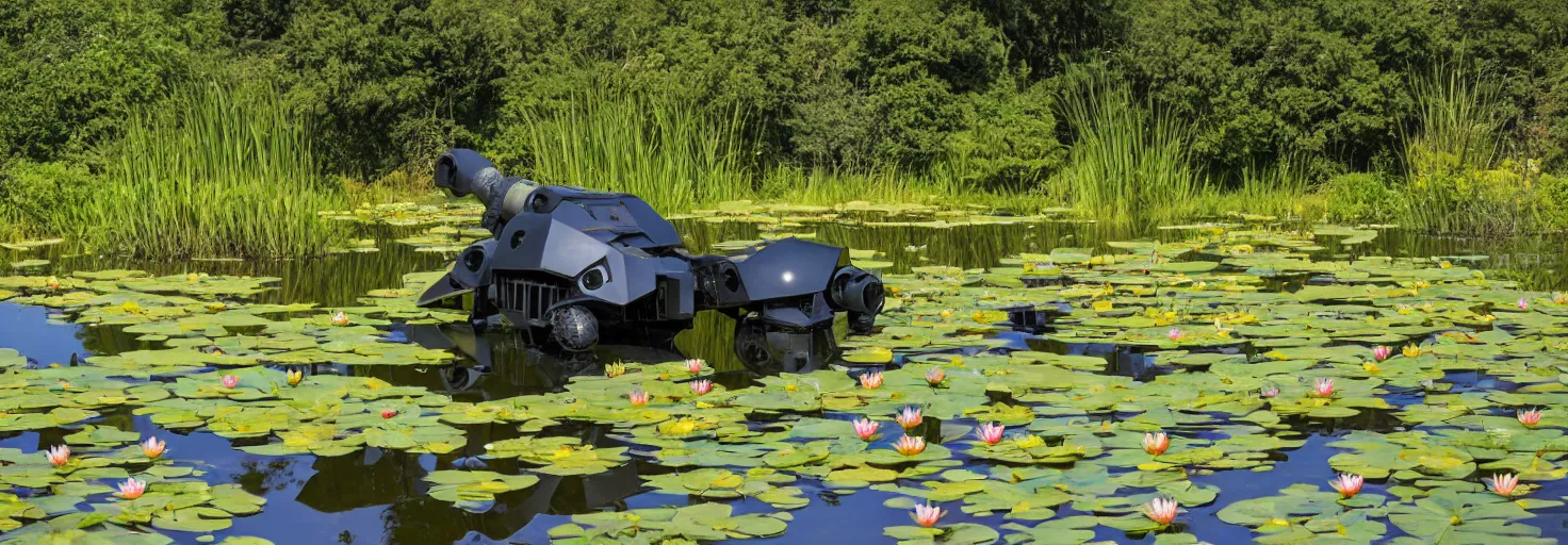 Prompt: A large combat robot lies in the shallow waters of a lake, water lilies float on the surface of the water, golden hour, futuristic