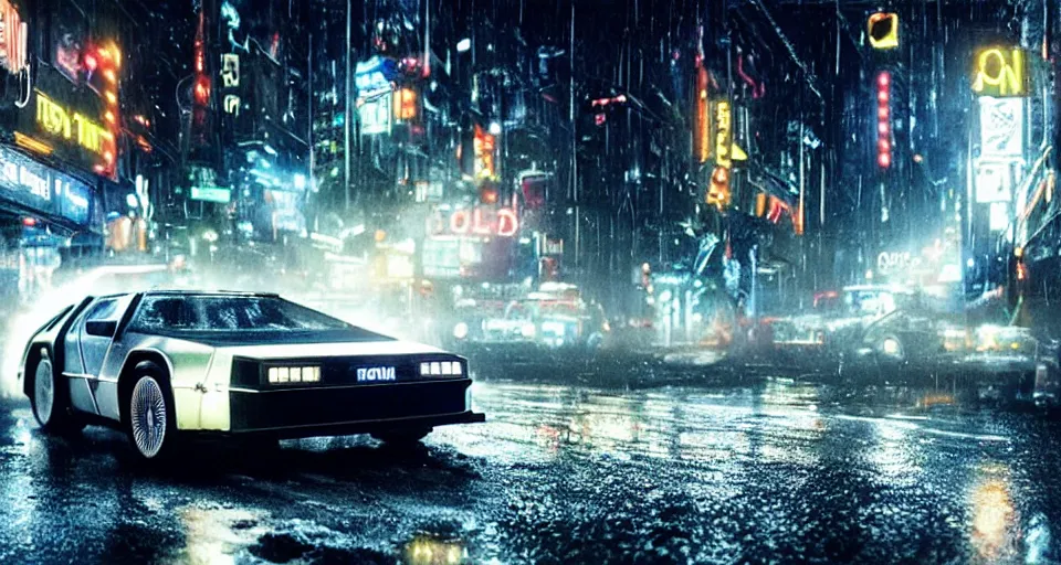 Image similar to a 2 8 mm closeup photo of a tela tron neon delorean back to the future car on wet city street at night, intricate, hyper detailed, smooth, high contrast, neon, volumetric lighting, octane, moebius, greg rutkowski, blade runner, ripley scott, mad max, cindmatic