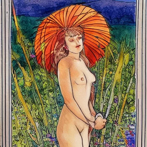 Prompt: a sun. watercolor painting by milo manara and bilibin