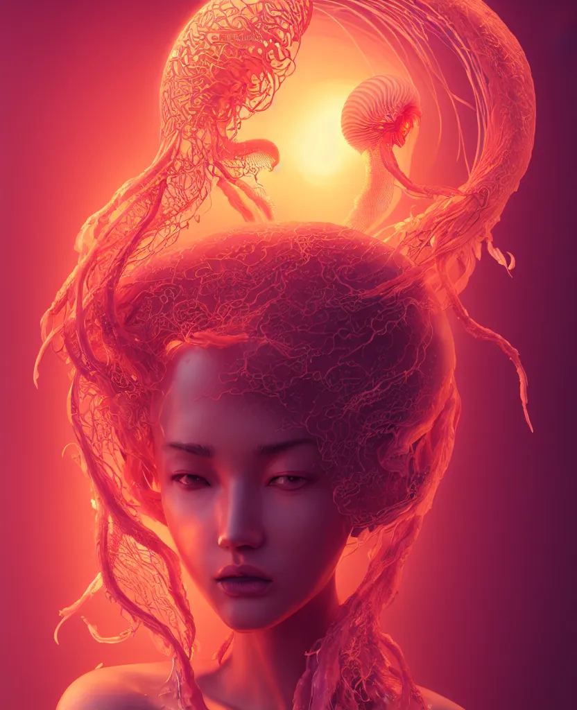 Image similar to goddess portrait. jellyfish phoenix head. intricate artwork by Tooth Wu and wlop and beeple. octane render, trending on artstation, greg rutkowski very coherent symmetrical artwork. cinematic, hyper realism, high detail, octane render, 8k