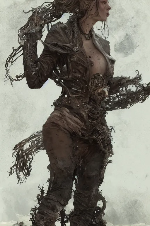 Image similar to a full body portrait of a beautiful post apocalyptic offworld nordic necromancer reposed by the bubbling mud pits, intricate, elegant, highly detailed, digital painting, artstation, concept art, smooth, sharp focus, illustration, art by krenz cushart and artem demura and alphonse mucha