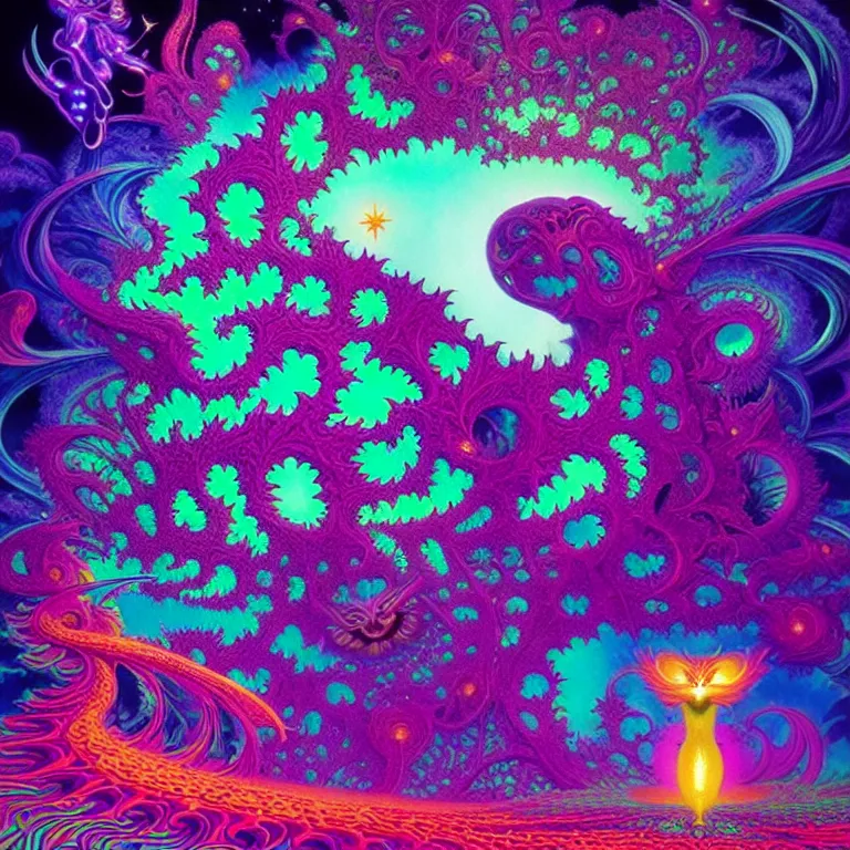 Prompt: mysterious cosmic kitten hovering over haunted mystical temple, infinite hallucinogenic fractal waves, # f 2 2 2 ff # 8 c 1 eff synthwave, bright neon colors, highly detailed, cinematic, eyvind earle, tim white, philippe druillet, roger dean, ernst haeckel, lisa frank, aubrey beardsley, kubrick