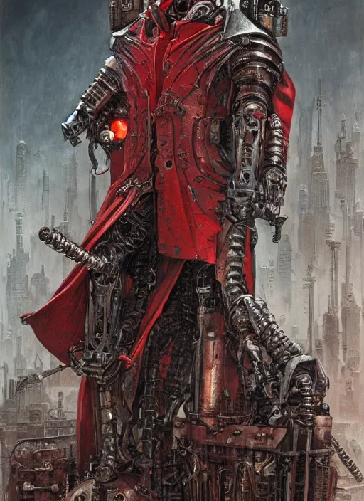 Image similar to portrait of rotten Nicolas Cage as adeptus mechanicus in red hood and robe from Warhammer 40000. Highly detailed, artstation, illustration by and John Blanche and zdislav beksinski and wayne barlowe