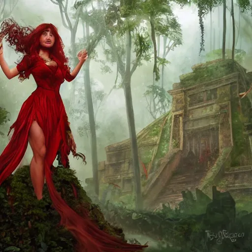 Image similar to a female draconic sorceress with curly red hair wearing a red dress and a red coat exploring the ruins of an abandoned maya city in the jungle, fantasy, highly detailed, digital painting, artstation, concept art, character art, art by greg rutkowski and tyler jacobson and alphonse mucha