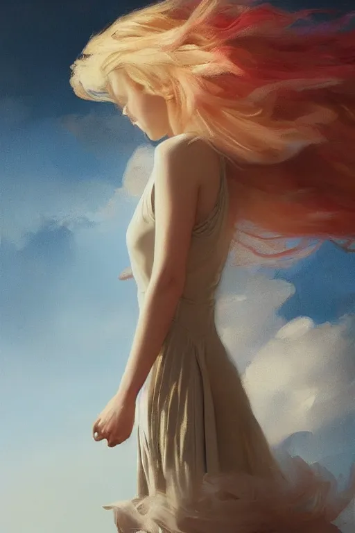 Prompt: an epic painting of a young girl, complete figure view, golden blonde hairstyle, subject wearing a navy blue dress, flowing, ornate, kawaii, beautiful, coral red, mint, taupe, with few baby blue highlights, cinematic light, volumetric shading, by Greg Rutkowski and Jeremy Mann, trending on Artstation, 80mm lens, oil on canvas