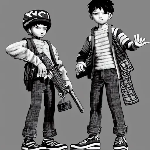 Prompt: rpg character concept art, twin brothers being cute and gangsta, intricate detail, in the style of jamie hewlett kawase hasui riyoko ikeda, 3 d render, artstation trending, 8 k, octane render, photorealistic, sharp detail, manga, black and white