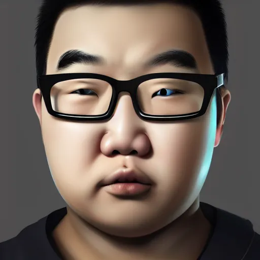 Prompt: portrait of overweight Asian teenager with glasses, dramatic lighting, cinematic scene, gloomy, trending on Artstation