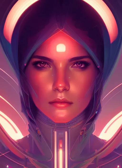 Image similar to symmetry portrait of lana parilla, sci - fi, tech wear, glowing lights intricate, elegant, highly detailed, digital painting, artstation, concept art, smooth, sharp focus, illustration, art by artgerm and greg rutkowski and alphonse mucha