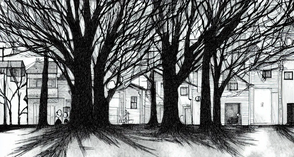 Prompt: lain! in style of winning mangaka, very beautiful, sunday, tree and houses background