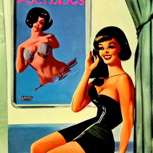 Image similar to 1960s pulp book cover featuring a pinup of a stunningly beautiful woman