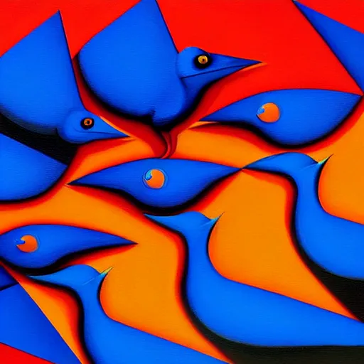 Image similar to a painting of a group of blue and orange birds, an airbrush painting by jarosław jasnikowski, cgsociety, generative art, angular, cubism, biomorphic