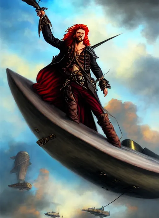 Image similar to an epic fantasy comic book style portrait painting of a long haired, red headed male sky - pirate in front of an airship in the style of eve ventrue