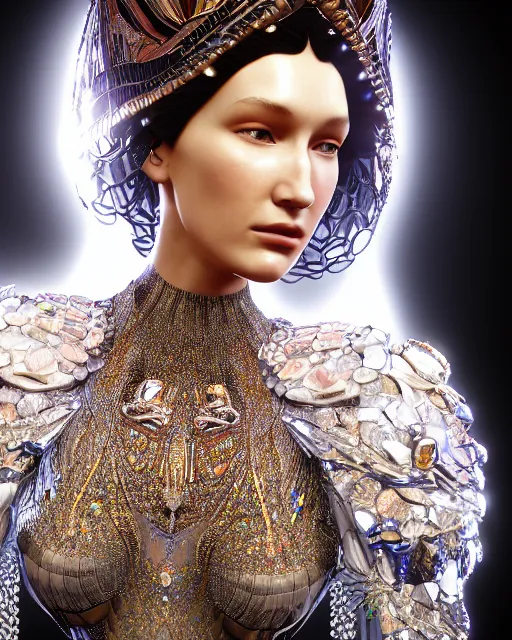 Image similar to a highly detailed metahuman 4 k close up render of bella hadid renaissance in iris van herpen dress schiaparelli in diamonds crystals swarovski and jewelry iridescent in style of alphonse mucha gustav klimt trending on artstation made in unreal engine 4