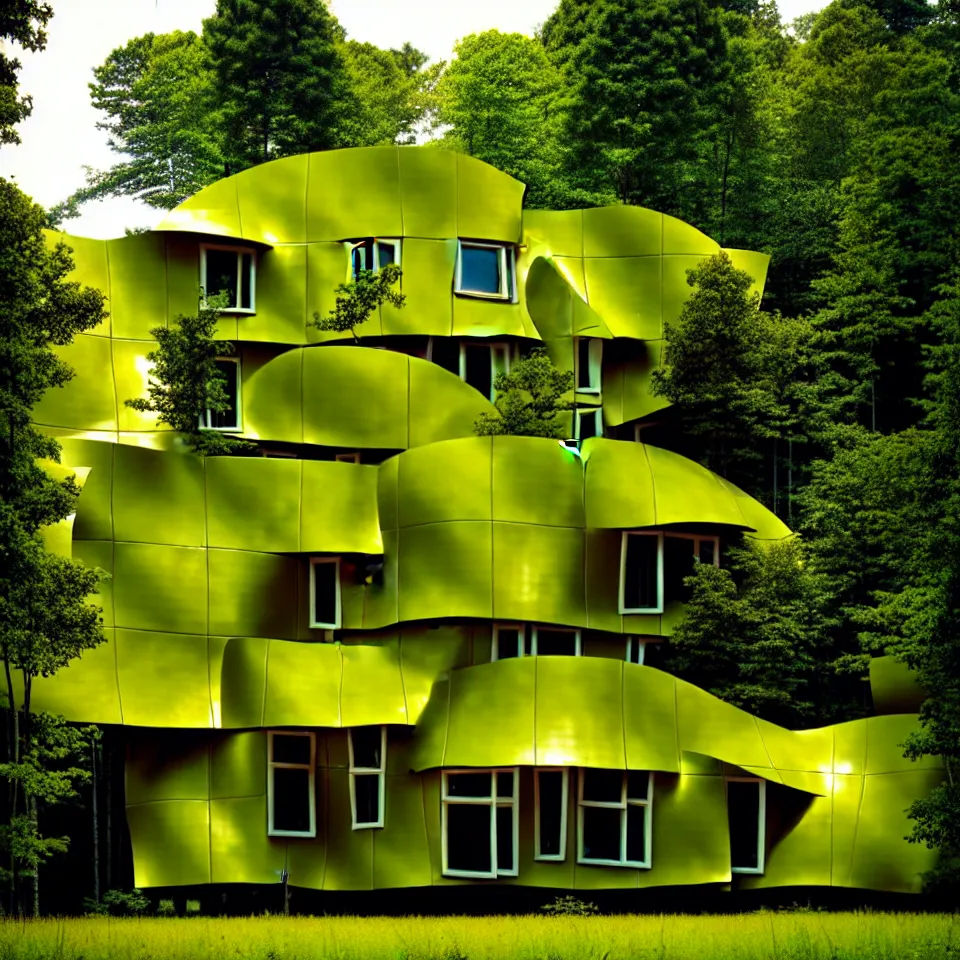 Image similar to a flat house from far away with big tiles, in a forest, designed by Frank Gehry. Film grain, cinematic, yellow hue