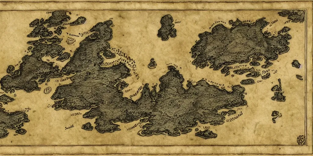 Prompt: old world fantasy style map of an island that looks like ireland, no handwriting on it, by arthur rackham and edmund dulac, HD, 4k, 8k, high detail!!, intricate, masterpiece, trending on artstation