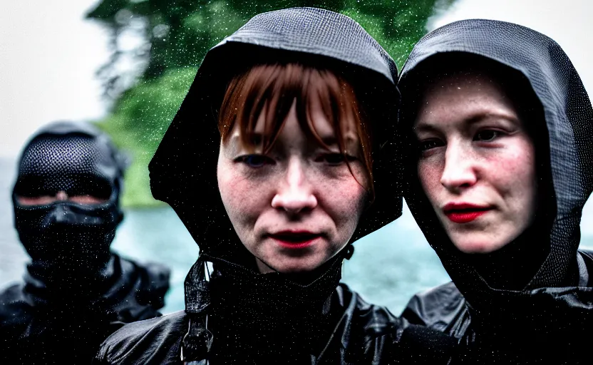 Image similar to cinestill 5 0 d candid photographic portrait by helen levitt of two loving skandinavian female androids wearing rugged black mesh techwear in treacherous waters, extreme closeup, modern cyberpunk moody depressing cinematic, pouring rain, 8 k, hd, high resolution, 3 5 mm, f / 3 2, ultra realistic faces, ex machina