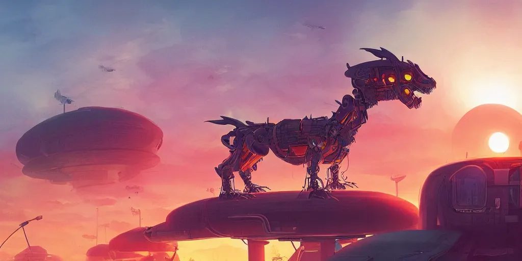 Image similar to landscape imagery, dystopian city, sunset, alien robot dragon in the sky, inspired by Simon Stalenhag