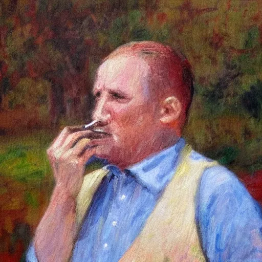 Prompt: an impressionist portrait painting of a middle aged worker smoking a cigarette