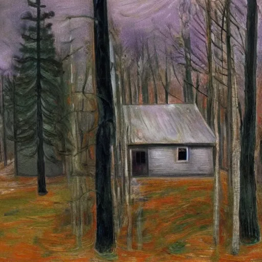 Image similar to a painting of a Eerie cabin in the middle of the woods in the Edvard Munch