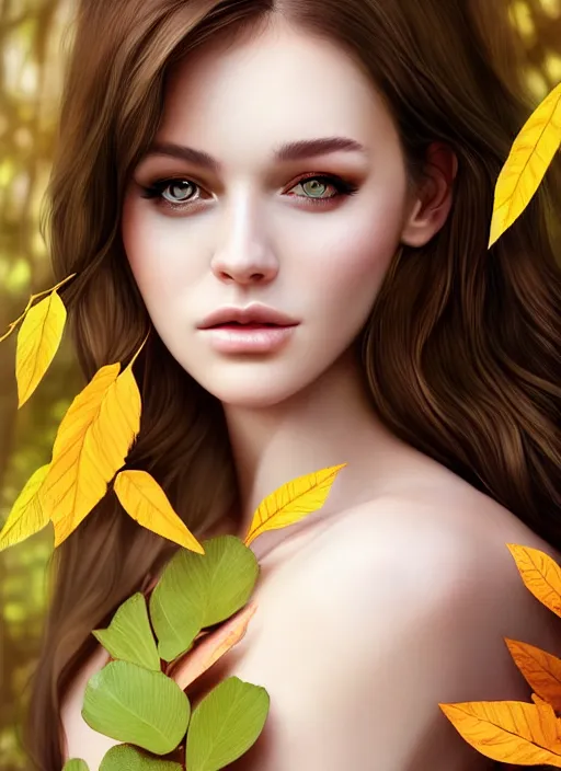 Prompt: a beautiful female photo, professionally retouched, soft lighting, standing in a forest with chest covered with leaves, realistic, smooth face, perfect eyes, wide angle, sharp focus on eyes, 8 k high definition, insanely detailed, intricate, elegant, art by artgerm and wlop