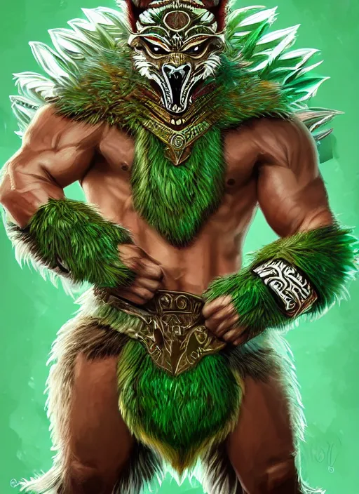 Prompt: a highly detailed illustration of fierce aztec tribal boy wearing green wolf mane, heroic roaring wielding aztec club pose, muscular, intricate, elegant, highly detailed, centered, digital painting, artstation, concept art, smooth, sharp focus, league of legends concept art, wlop