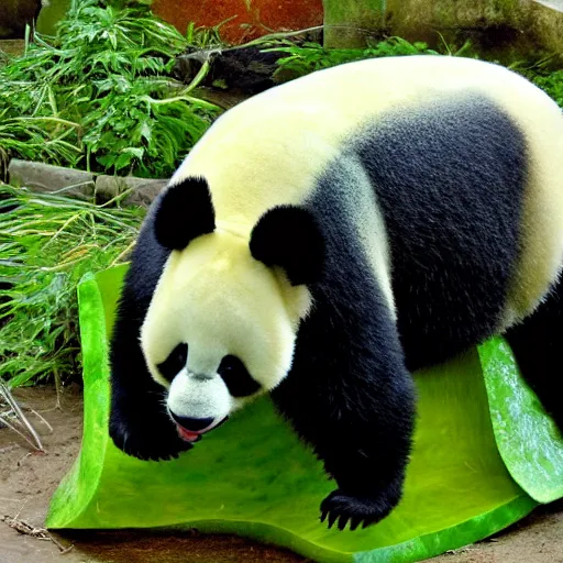 Image similar to watermelon carved to reveal a panda. the green watermelon rind defines its feet. the red flesh of the watermelon forms its body.