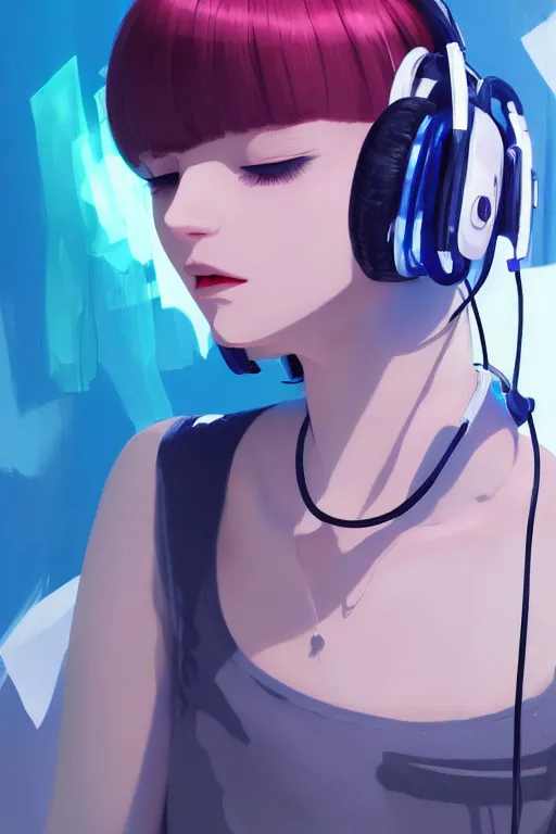 Image similar to a cute young woman listening to music with her eyes closed and wearing headphones, white bob cut hair, cyberpunk setting, e-girl, tattoos, blue and white, vivid colors, soft lighting, atmospheric, cinematic, moody, in the style of Ilya Kuvshinov and Range Murata, Krenz Cushart, oil on canvas, 8k