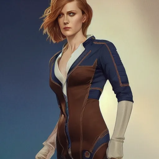 Image similar to full figure ultra realistic illustration, evan rachel wood wearing a futuristic navy blue pantsuit, brown straight hair, western setting, intricate, elegant, highly detailed, digital painting, artstation, concept art, smooth, sharp focus, illustration, art by artgerm and greg rutkowski and alphonse mucha