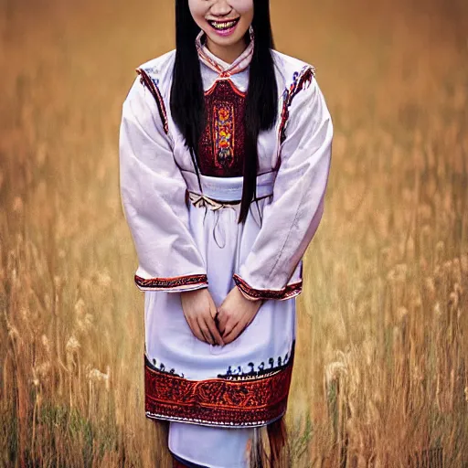 Image similar to surreal photography of smiling kim chen in. kim chen in is wearing traditional - ukrainian folk shirt designed by taras shevchenko.