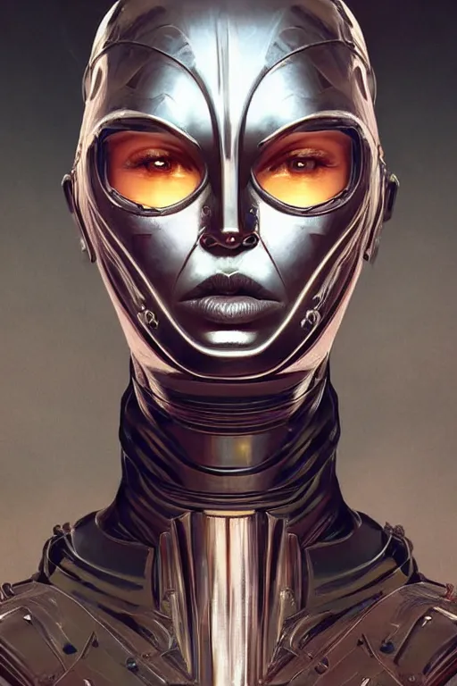 Image similar to retro-futuristic female android in old scratched chrome armour, vintage used look, facial portrait, rim light, ornate pattern, glowing eyes, evil expression, painting by vincent di fate, artgerm julie bell beeple, Smooth gradients, High contrast, depth of field, very coherent symmetrical artwork