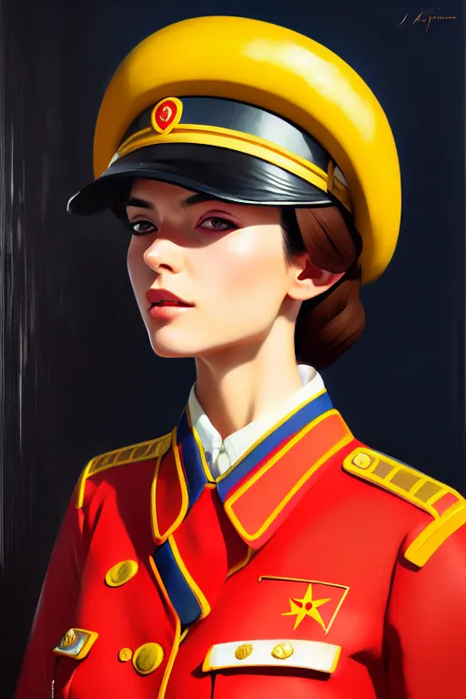 Prompt: a ultradetailed beautiful panting of a stylish woman wearing a soviet uniform, oil painting, by ilya kuvshinov, greg rutkowski and makoto shinkai, trending on artstation