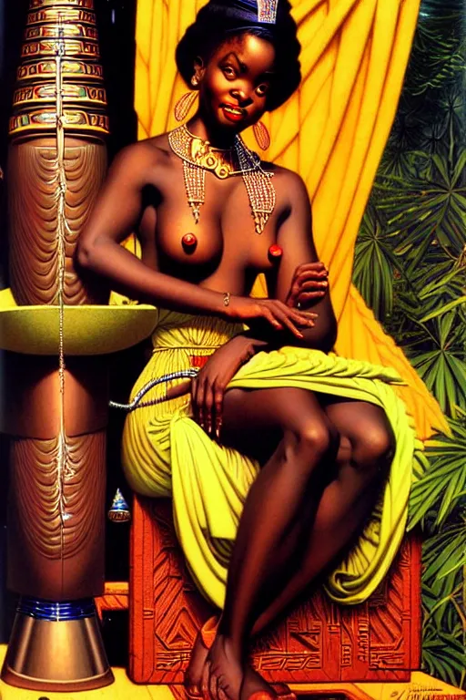 Image similar to an african goddess queen in a temple by gil elvgren and norman rockwell and rob gonsalves and hajime sorayama, hyperrealistic, high detail, ultra detailed