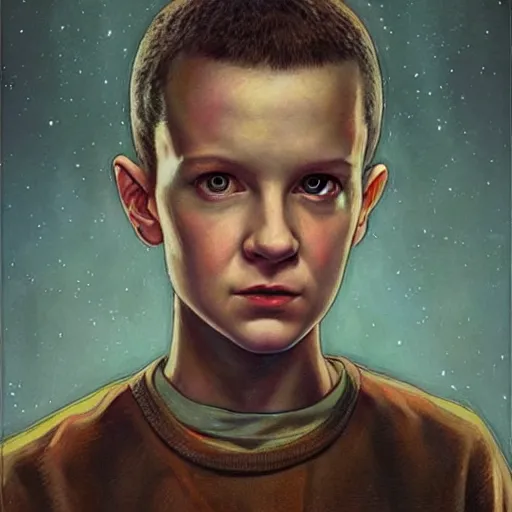 Prompt: beautiful portrait of Eleven from Stranger things (((Tim Okamura))), detailed!!!