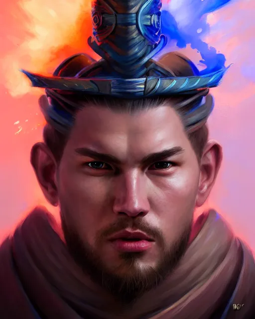 Image similar to face portrait of luka doncic as a muscular ronin samurai, wearing a haori, by wlop and peter mohrbacher, dramatic action pose, extremely detailed shading, concept art, digital painting, trending on artstation, unreal engine 5, octane render, atmosphere, glow, cinematic lighting, full of color