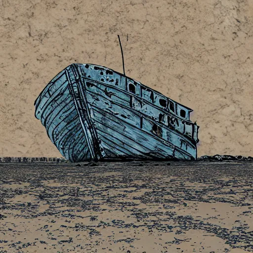 Prompt: an abandoned ship on the aral sea desert, in the style of daniel johnston and outsider art and baselitz, 8 k, line brush, muted, overlaid with cyrillic words