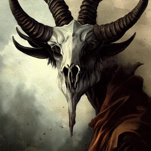 Image similar to baphomet with goat horns holding an animal skull, style of da vinci, horror, fantasy illustration, by greg rutkowski