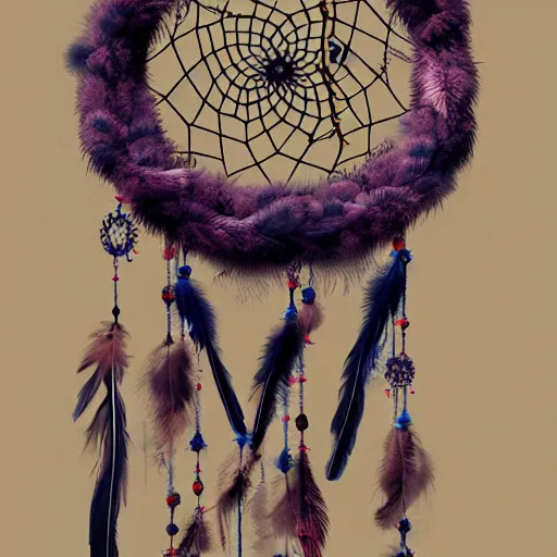 Prompt: a beautiful and intricate dreamcatcher made from bone and gnarled wood and blue and purple feathers, twisting, twirling, loops, hexagonal shapes, concept art, highly detailed, realistic, ornate, fine detail, 4k, octane render, vray, unreal engine