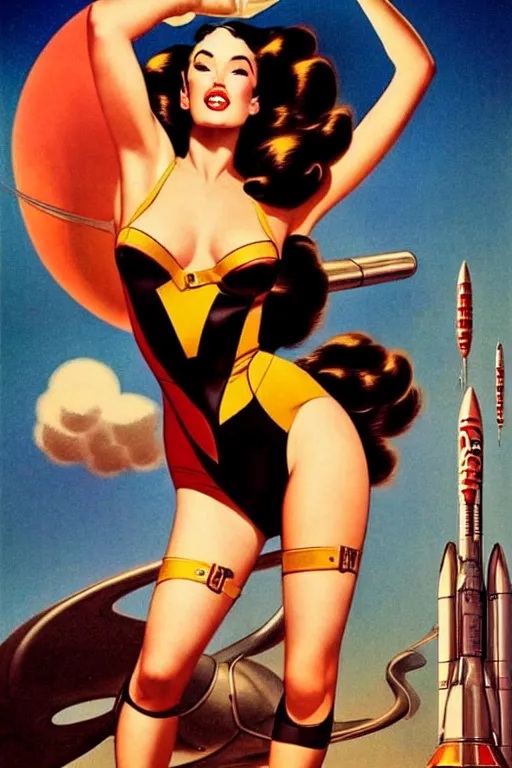 Image similar to beautiful megan fox retro space varga girl riding a rocket in a diesel punk city, windblown dark hair, retro pinup model, seductive, 1 9 4 0, glamour pose, intricate, smoke, hyper detailed, digital art, smooth, sharp focus, alberto vargas, gil elvgren, greg rutkowski
