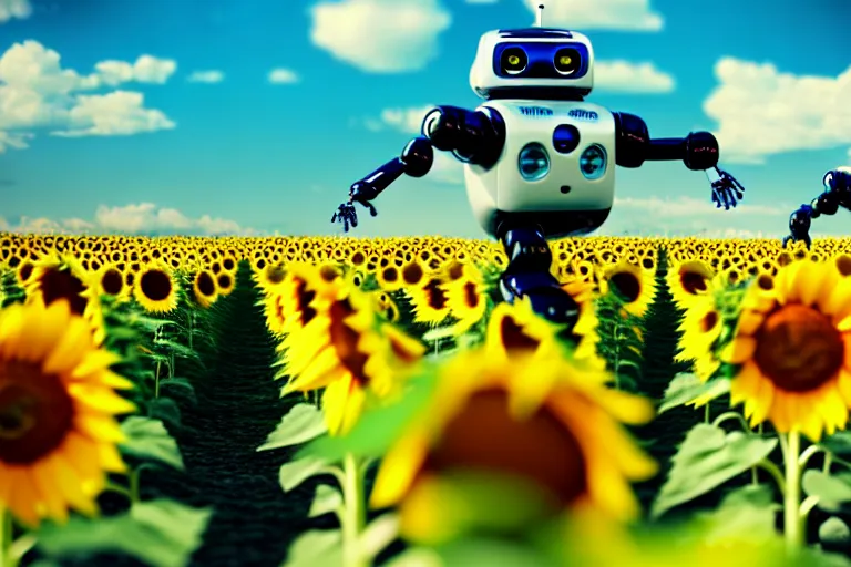 Image similar to a cute little robots at sunflower field. super realistic 8 k render of a elegant, cinematic composition