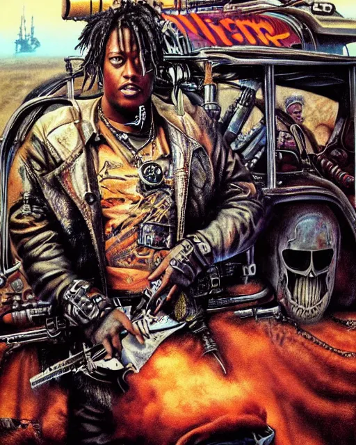 Image similar to juice wrld in dystopian raider mad max post apocalpytic, airbrush, drew struzan illustration art, key art, movie poster