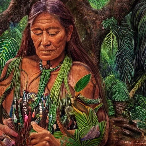 Image similar to a beautiful portrait of an amazonian shaman healer sitting in the jungle, doing a prayer, ayahuasca, high detail painting, fantasy art, highly detailed, realistic face