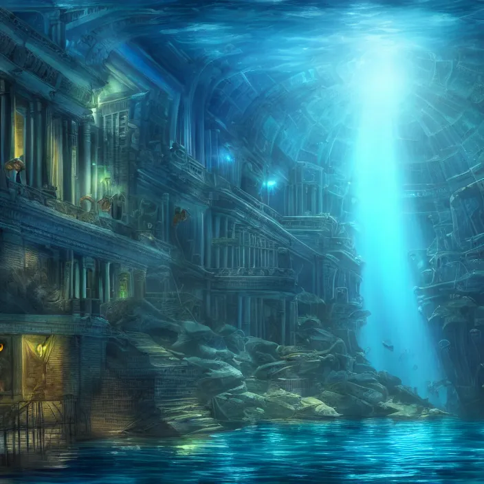 Image similar to hyper realistic, high detail photo of city of atlantis, underwater, lights on, beautiful, dreary lighting