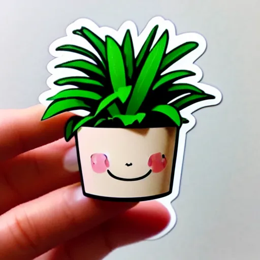 Prompt: die cut sticker of cute anime chibi smiling potted houseplant drawn by artgerm