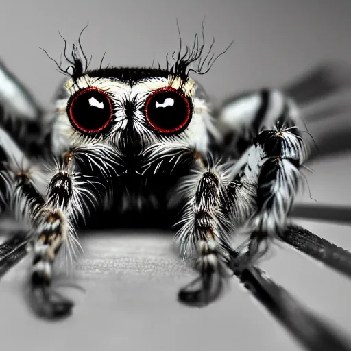 Prompt: jumping spider mixed with owl with 4 eyes, cute creature, hybrid, anamorphic lens, bokeh, kodak color film stock, macro shot